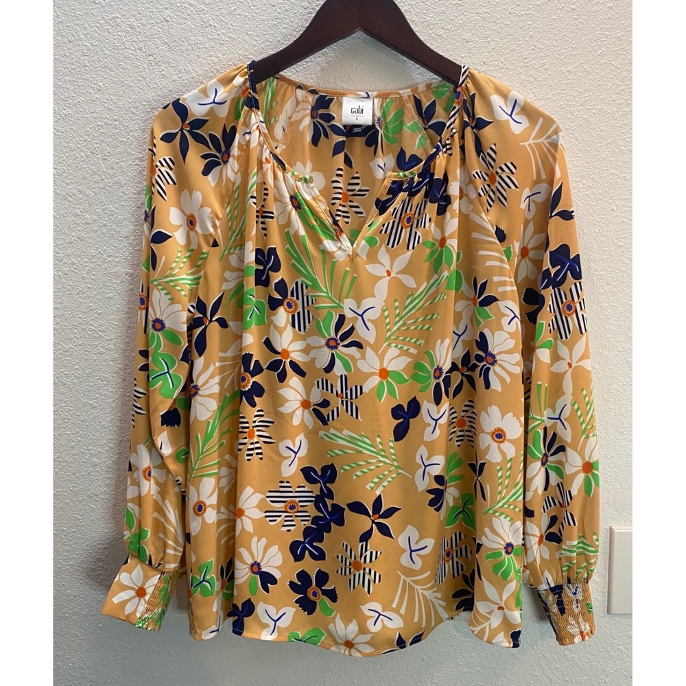 Cabi Floral Blouse Women's Small Orange Multi PeasantLong Sleeve V-Neck